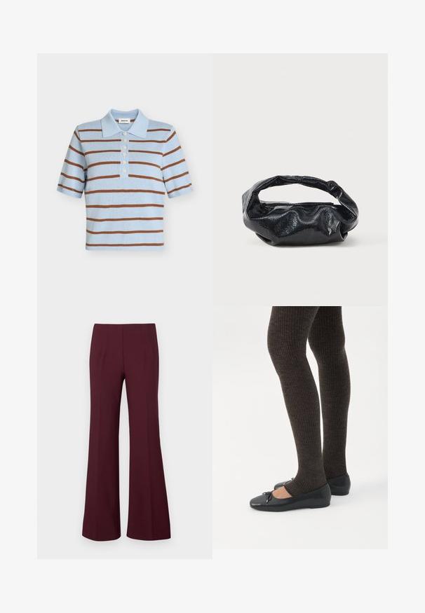 Polo en maille bleu clair avec des rayures horizontales marron, manches courtes, col et six boutons blancs sur la patte de boutonnage avant.; Pantalons évasés bordeaux taille haute avec pinces à l'avant et coupe ajustée, présentés sur fond blanc.; Jambes portant des leggings côtelés foncés associés à des ballerines noires avec de petits détails en nœud sur fond blanc.; Sac noir en matériau texturé et brillant avec une poignée circulaire torsadée et une fermeture éclair. Présente un design doux et froissé.