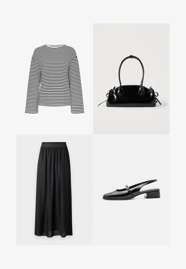 Chemise à manches longues rayée noir et blanc avec un col rond. Tissu doux, coupe décontractée et accents de col contrastants.; Jupe noire mi-longue en tissu léger, dotée d'une taille élastique et d'une silhouette fluide avec une texture douce.; Chaussure slingback en cuir verni noir avec un petit talon bloc et une fine bride avec une boucle argentée sur le dessus.; Petit sac à main noir brillant avec deux longues anses et des détails à cordon sur les côtés sur un fond clair uni.