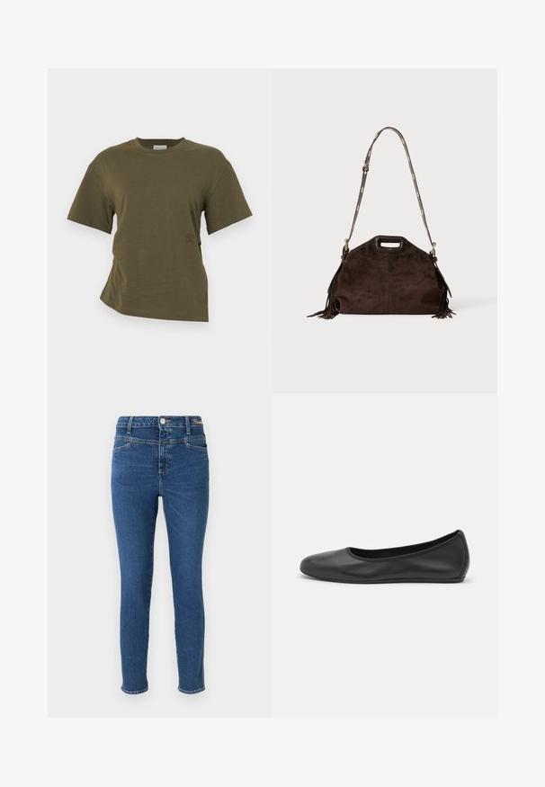 CLOSED DRAPED - T-shirt basique - forest green; Jean skinny en denim bleu foncé, avec cinq poches, une fermeture à bouton et des coutures contrastées. Texture lisse avec un minimum de décoloration.; Ballerines en cuir noir avec un bout rond, texture lisse, détails de couture minimalistes et design de semelle flexible.; Sac à main en daim marron foncé avec poignée supérieure découpée, bandoulière réglable avec accents dorés et pampilles à franges sur les côtés.