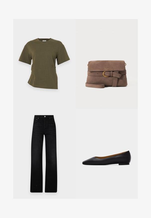 CLOSED DRAPED - T-shirt basique - forest green; Jeans noirs à jambe large en denim. Présentent une taille haute, deux poches avant et une fermeture par bouton métallique. Fini texturé avec un léger délavage.; Chaussure plate en cuir noir à bout pointu avec talon bas et finition lisse, vue de côté sur un fond gris clair.; Sac bandoulière en daim marron avec rabat avant, sangle décorative avec boucle dorée et fine bandoulière sur fond blanc.