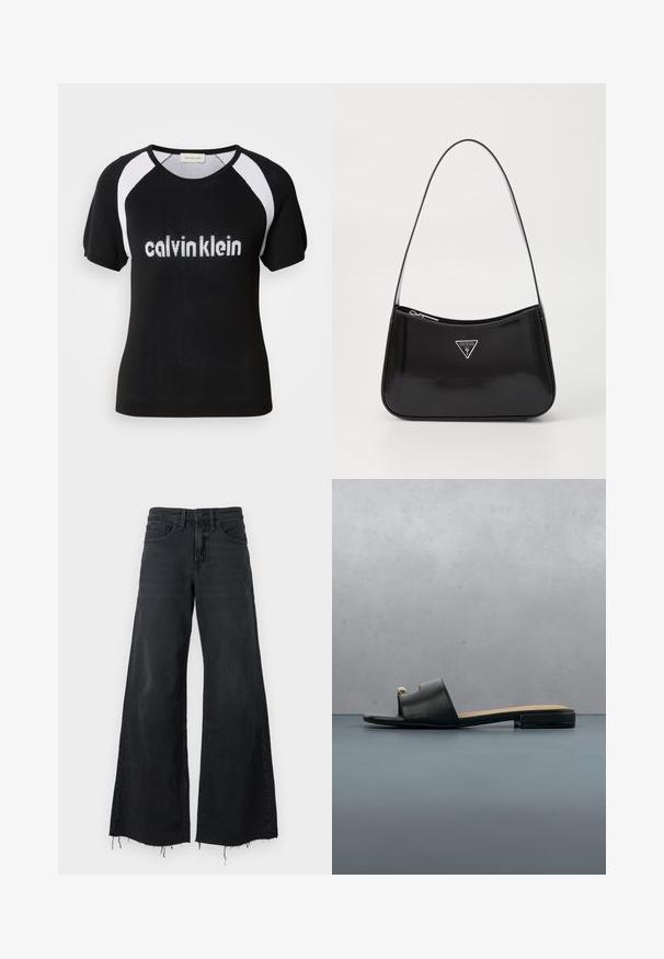 Sort strikket kortærmet top med hvide raglanærmer. Har "calvinklein" tekst i hvidt over brystet. Rund halsudskæring. Blød tekstur.; Good American GOOD EASE RELAXED - Wide leg - black; Sort slip-on sandal med tå-loop og guldbeslag, beige indersål med mærket "GUESS," placeret på tæppe foran ravfarvet møbel.; Sort patenteret læder skuldertaske med en buet form, prydet med et sølvfarvet trekantet logo og en lynlås-lukning. Glat tekstur og slank rem.