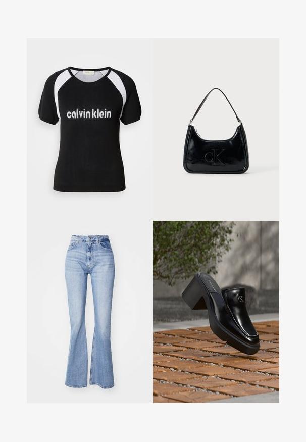 Must värviline lühikeste varrukatega kudum, millel on valged raglanvarrukad. Rinnal on valge "calvinklein" tekst. Ümmargune kaelus. Pehme tekstuur.; Heledad helerohe sinised teksad, mis on valmistatud denimist, kõrge vöökohaga, viie taskuga disain ja kerge pleekimine jalgadel.; Mustast nahast Calvin Kleini slip-on mules, millel on plokk-konts, toetub puitplaatidele õues, lähedal rohelisele taimele ja hallile seinale.; Must musta kott, millel on kaarjas ülemine käepide, lukuga sulgemine ja esiküljel tõstetud "cK" logo. Sile tekstuur, struktureeritud kuju.