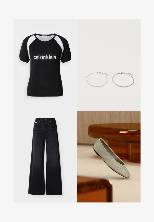 Sort strikket kortærmet top med hvide raglanærmer. Har "calvinklein" tekst i hvidt over brystet. Rund halsudskæring. Blød tekstur.; Sorte jeans med vide ben, høj talje, forreste knap og lynlås, bæltestropper og femlommedesign.; Beige balletsko med geometrisk mønster svæver over et lyst tæppe i et moderne rum med møbler i ravtoner.; To fine sølvarmbånd side om side, det ene med små perler og det andet med en tynd vævet kæde, begge med hummerlås og mærker.