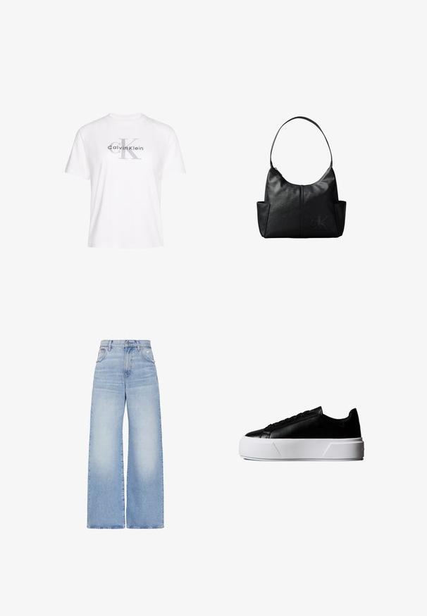 Wit katoenen T-shirt met korte mouwen, voorzien van een grijs gedrukt "Calvin Klein" logo en een opvallend "K" ontwerp in het midden.; Lichtblauwe high waist jeans met wijde pijpen, voorzien van een knoop- en ritssluiting aan de voorkant, zakken aan de voor- en achterkant, en een lichte distressed uitvoering op de rechterzak.; Zwarte lage sneaker met dikke witte plateauzool en zwarte veters, zijaanzicht op een witte achtergrond.; Zwarte leren schoudertas met een enkele schouderband, zijvakken en een subtiel ingebosst Calvin Klein-logo rechtsonder aan de voorkant.