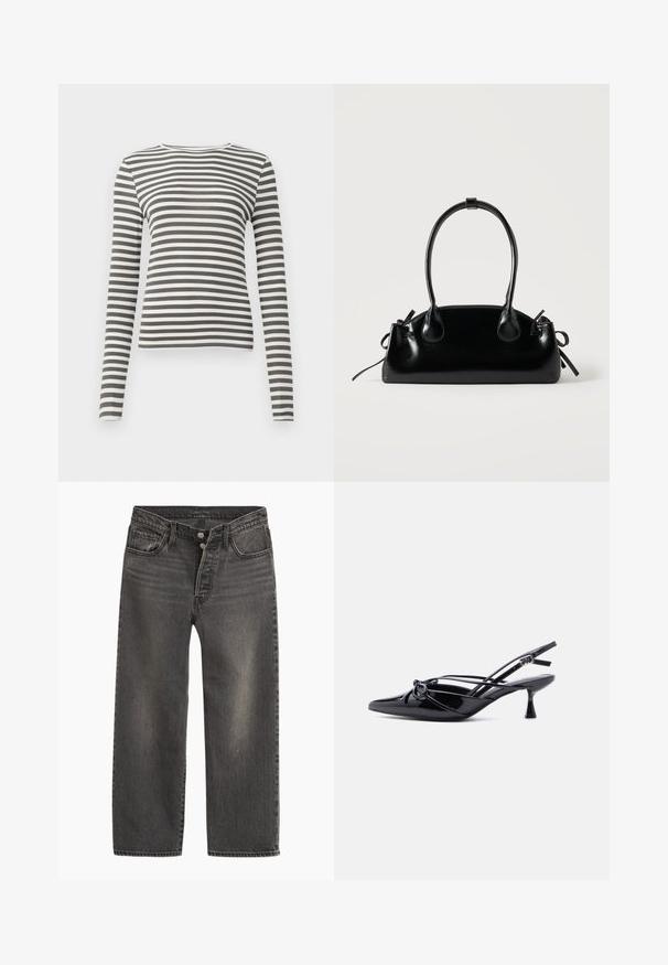 Langemouwige top in olijfgroen met witte strepen. Ribbelstructuur, ronde halslijn en aangesloten pasvorm. Geen zichtbare hardware of accenten.; Zwarte denim jeans met een rechte pijp, hoge taille en knoopsluiting. Voorzien van subtiele vervaging en contrasterende stiksels.; Zwarte slingback pump van lakleer met een spits toelopende neus, lage kittenhak en decoratieve knoopstrik aan de voorkant.; Kleine zwarte glanzende handtas met twee lange hengsels en zijkant trekkoord details op een effen lichte achtergrond.