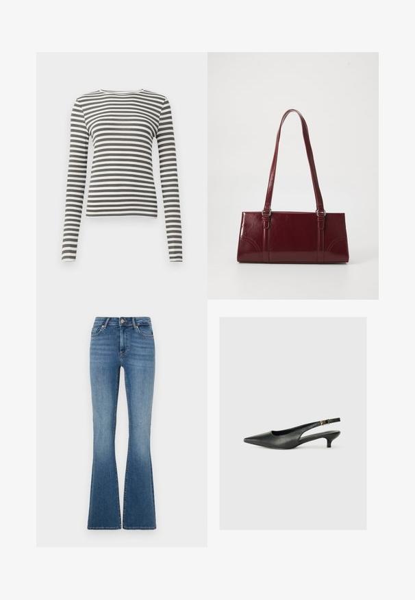 Langemouwige top in olijfgroen met witte strepen. Ribbelstructuur, ronde halslijn en aangesloten pasvorm. Geen zichtbare hardware of accenten.; ONLY Flared fit ONLBLUSH Mid waist - Flared Jeans - medium blue denim; Zwarte puntschoen met slingback van soepel leer. Kenmerkt zich door een dunne hak en een gespdetail op de verstelbare band.; Bourgondische handtas van glanzend materiaal, rechthoekige vorm, met twee schouderbanden en subtiele gebogen accenten aan de voorkant.