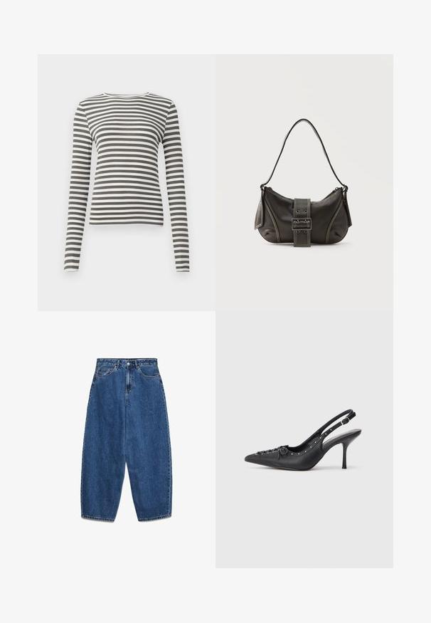 Langemouwige top in olijfgroen met witte strepen. Ribbelstructuur, ronde halslijn en aangesloten pasvorm. Geen zichtbare hardware of accenten.; Blauwe denim jeans met een hoge taille, een ontspannen pasvorm en rechte pijpen. Klassiek ontwerp met vijf zakken en een ritssluiting met knoop.; Zwarte leren slingback stiletto met spitse neus, zijgesp met gesp, studs langs de rand en decoratieve veters aan de voorkant.; Zwarte leren schoudertas met gespsluiting aan de riem, afgeronde hoeken en contrasterende witte stiksels op een effen achtergrond.