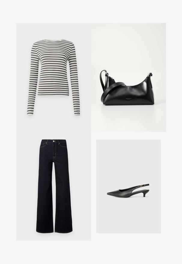 Langærmet top i olivengrøn og hvide striber. Ribbet tekstur, rund halsudskæring og tætsiddende pasform. Ingen synlige metaldele eller accenter.; Mørkeblå brede jeans lavet af denim, med høj talje, kontraststing og en enkelt metalknap foran.; Sorte spidse slingback-sko lavet af glat læder. Har en tynd hæl og en spænde detalje på den justerbare rem.; Sort læderhåndtaske med en glat tekstur. Har en justerbar stropp og et enkelt, minimalistisk design med lynlås.