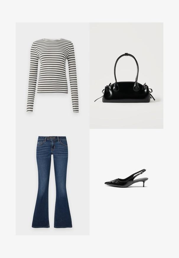 Langærmet top i olivengrøn og hvide striber. Ribbet tekstur, rund halsudskæring og tætsiddende pasform. Ingen synlige metaldele eller accenter.; Flared jeans i mørkeblå denim med et klassisk fem-lomme-design, kontrastsyninger og lynlås med knaplukning.; Sorte læder slingback-pumps med spids tå, lav kitten-hæl og rynket detalje på overdelen. Glat tekstur og minimalistisk design.; Lille sort blank håndtaske med to lange håndtag og snøre-detaljer i siden på en ensfarvet lys baggrund.