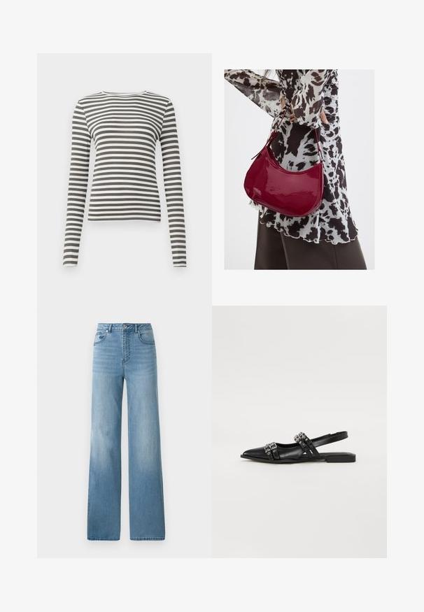 Langærmet top i olivengrøn og hvide striber. Ribbet tekstur, rund halsudskæring og tætsiddende pasform. Ingen synlige metaldele eller accenter.; Lyseblå højtaljede jeans med lige ben. Fremstillet af denim, med fem lommer og knaplukning.; Even&Odd by Zalando Slingback-ballerinasko - black; Kvinde iført en sort- og hvidmønstret bluse, der holder en blank rød skuldertaske mod en ensfarvet baggrund.