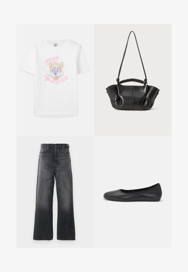 Weißes Baumwoll-T-Shirt mit einem Cartoon-Fuchs-Design in Pinktönen und dem Text "Baum und Pferdgarten" in stilisierter Schrift.; Dunkelgraue weit geschnittene Jeans aus Denim mit hoher Taille, Fronttaschen und einem klassischen Knopfverschluss. Zarte Ausbleichungen sind sichtbar.; Schwarze Leder-Ballettschuhe mit abgerundeter Spitze, glatter Textur, minimalen Nähdetails und einem flexiblen Sohlen-Design.; Schwarze Lederhandtasche mit strukturierter Oberfläche, sanften Falten, doppelten Trägern und geflochtenen Griffdetails. Kompakt, mit einteiliger Oberkante.