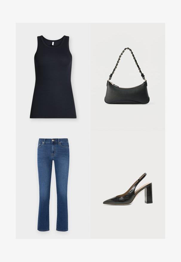 Zwarte mouwloze geribbelde tanktop met ronde hals, plat gelegd tegen een lichte achtergrond.; Blauwe flared jeans van denim, met een klassieke vijf-pocketontwerp, ritssluiting en messing knoopsluiting. Maar met een soepele textuur en een consistente kleur.; Zwarte leren slingback schoen met puntige neus, blokhak en klein logo aan de zijkant, op een effen witte achtergrond.; Zwarte lederen schoudertas met een gebogen rechthoekige vorm, gouden ketting verweven in een gevlochten zwarte band, en een ritssluiting bovenop.
