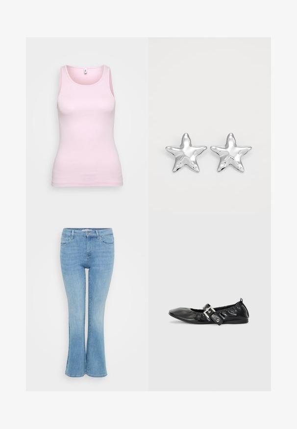 Top de algodón rosa sin mangas con una textura acanalada y un escote redondo clásico. Diseño ajustado y sin detalles prominentes.; ONLY Petite ONLANN MID - Vaqueros a campana - light blue denim; Zapato plano de piel negra con puntera afilada, detalle fruncido alrededor de la abertura y un acento de hebilla plateada en la correa ajustable.; Pendientes en forma de estrella plateada con una superficie pulida y brillante. Cada pendiente presenta cinco puntas y sutiles detalles de textura en la superficie.