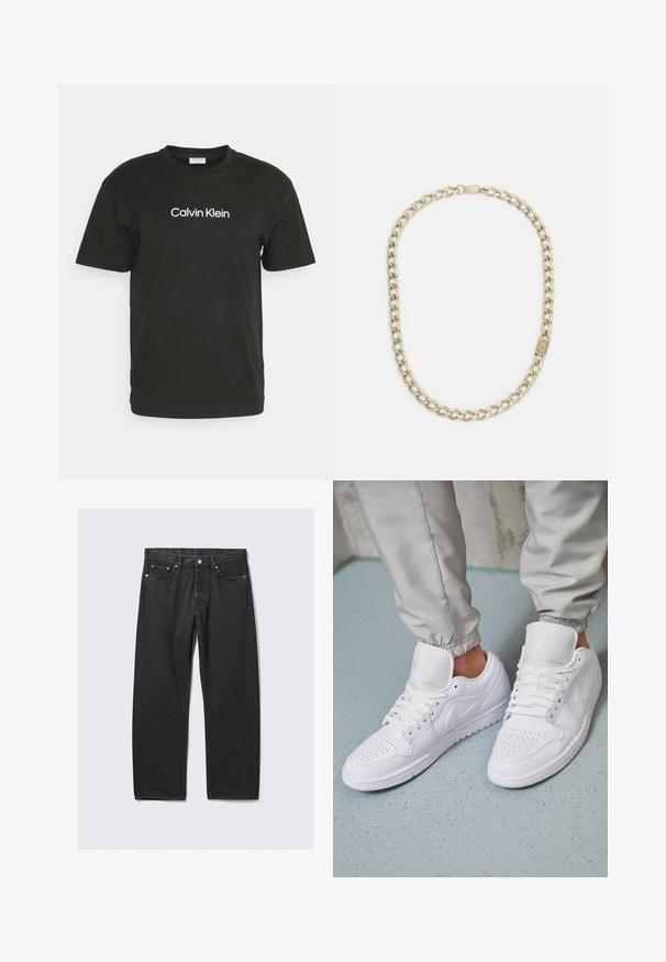 Must heermees mustsärk, millel on ümar kaelus ja lühikesed varrukad, esipoolt kaunistab valge "Calvin Klein" logo.; Mustad sirgete säärega teksapüksid, viie tasku ja nupuga sulgumisega vöökohal, tasaseks laotatuna heleda tausta peal.; Valged nahast tossud sisaldavad perforatsiooni varvaste osas, lame nöörid, pehmendatud kaelus ja Jordani logo keelega. Kanda hallide spordipükstega.; Kuldne kett kaelakee paksude linkidega ja siledaga, millel on metallist klamber mõjude kaubamärgitähistusega.