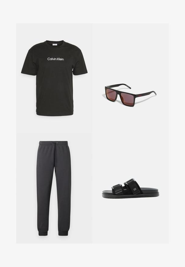 Sort bomulds T-shirt med rund hals og korte ærmer, med "Calvin Klein" logo i hvidt trykt på forsiden.; Mørkegrå joggebukser lavet af blødt stof med elastisk taljebånd med snøre, tilspidsede ben og opsmøgede kanter.; Sort slidesandale med to justerbare remme og spænder, flad sål og et lille rektangulært logo på den øverste rem.; Sorte rektangulære solbriller med mørkerøde linser, med en mat finish og rød logo på stangen. Solid plastikramme.