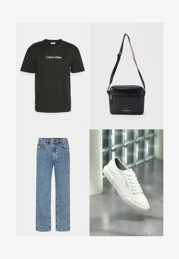 Čierne bavlnené tričko s kruhovým výstrihom a krátkymi rukávmi, s logom "Calvin Klein" vytlačeným bielou farbou na prednej strane.; Svetlo modré rovné džínsy vyrobené z denimu, s gombíkovým zapínaním, piatimi vreckami a kontrastným prešitím.; Biela nízka teniska Calvin Klein so šnúrkami, ktorá visí nad sivou leštenou podlahou a pozadím zo sklenných blokov.; Čierna obdĺžniková crossbody taška s predným vreckom na zips, nastaviteľným remienkom značky Calvin Klein a vytlačeným logom na prednom paneli.
