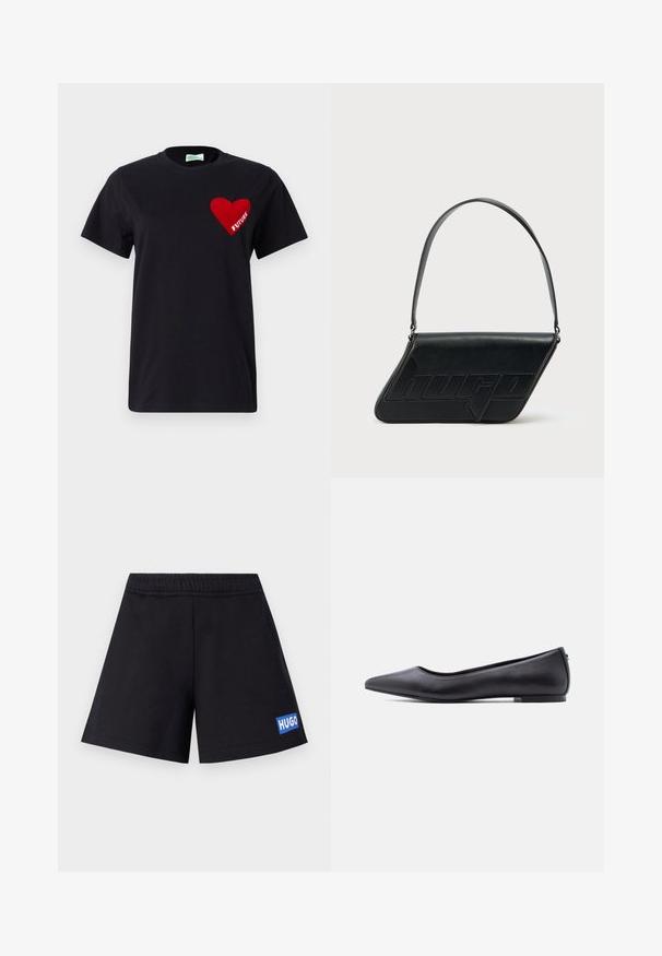 Μαύρο βαμβακερό t-shirt με γραφικό κόκκινης καρδιάς που έχει τη λέξη "ΜΕΛΛΟΝ" μέσα, με στρογγυλή λαιμόκοψη και κοντά μανίκια.; Μαύρες σορτς με χαλαρή εφαρμογή, ελαστική μέση και μπλε λογότυπο "HUGO" στον αριστερό μηρό; κατασκευασμένες από μαλακό, αναπνεύσιμο υλικό.; Μαύρο δερμάτινο παπούτσι με μυτερή μύτη και χαμηλό τακούνι, εμφανίζεται σε πλευρικό προφίλ σε λευκό φόντο.; Μαύρη δερμάτινη τσάντα ώμου με τριγωνικό σχήμα, ανάγλυφο λογότυπο και έναν ρυθμιζόμενο ιμάντα. Μινιμαλιστικός σχεδιασμός με λεία υφή.