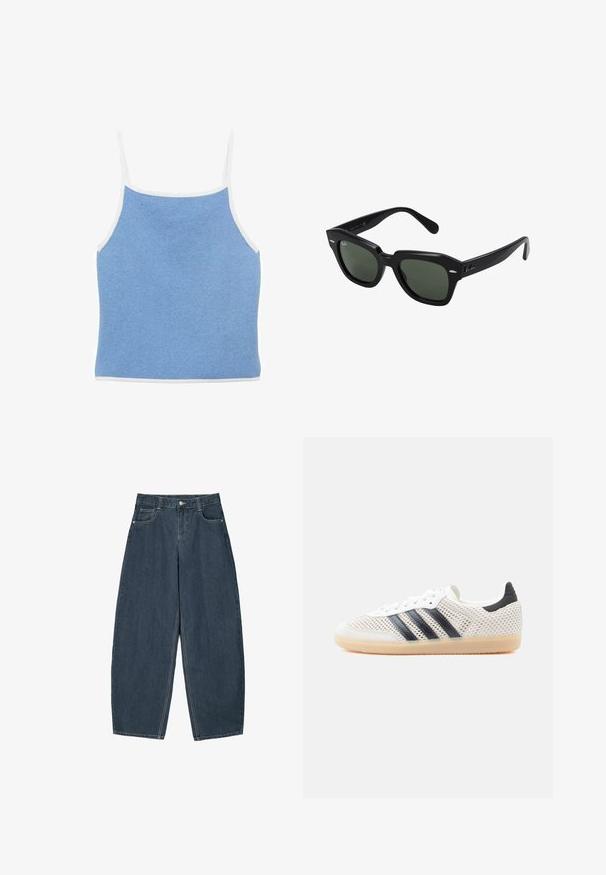 Lichtblauwe gebreide tanktop met witte accenten, met dunne schouderbandjes en een aansluitend ontwerp met een gladde, textuur oppervlakte.; Donkerblauwe denim wijde broek met hoge taille, voorzien van vijf zakken en zichtbare stikseldetails. Schoon, minimaal ontwerp.; Witte sneakers van mesh met een zwart ontwerp van drie strepen, een ronde neus en een rubberen gumzool. Voorzien van een zachte hielkraag en een vetersluiting.; Zwarte vierkante zonnebril met donker groene lenzen, uitgerust met gedurfde monturen en zilveren accenten aan de zijkanten. Gemaakt in Italië.