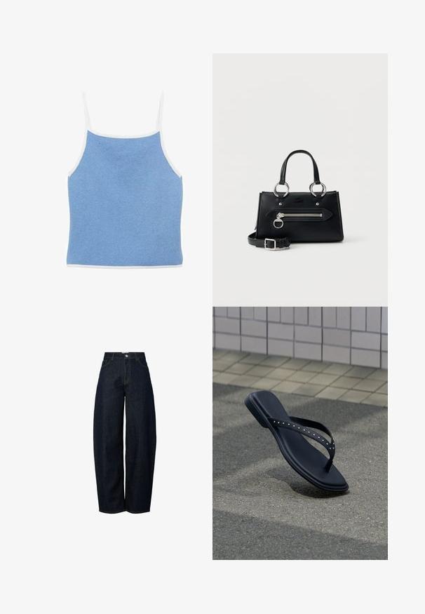 Lyseblå strikket tanktop med hvid kant, der har tynde skulderstropper og en tætsiddende design med en glat, tekstureret overflade.; Bredde ben mørkeblå denim jeans med høj talje, færdiggjort med kontrasterende orange syninger og en knaplukning foran.; Sort flip-flop sandal med nittede stropper hængende over asfaltbelægning nær flisebelagt vægkant.; Sort læderhåndtaske med sølv lynlåslomme og ring lynlåstræk, dobbelte håndtag med sølv ringe og aftagelig rem med spænde.