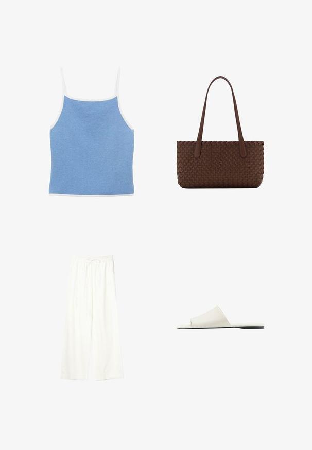 Lyseblå strikket tanktop med hvid kant, der har tynde skulderstropper og en tætsiddende design med en glat, tekstureret overflade.; Hvide bukser med vide ben, elastisk talje og snøre, lavet af letvægtsstof.; Hvid slidesandal med en bred rem og flad sål, vist i sidevisning på en hvid baggrund.; Brun læderhåndtaske med et vævet teksturmønster, med to lange, slanke håndtag til skulderbæring.