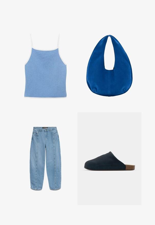 Lichtblauwe gebreide tanktop met witte accenten, met dunne schouderbandjes en een aansluitend ontwerp met een gladde, textuur oppervlakte.; Lichtblauwe, wijde denim jeans met een hoge taille en een vervaagd uiterlijk. Voorzien van een knoopsluiting en vijf zakken, met zichtbare stiksels.; Marineblauwe suède instap-mule met een ronde neus, kurken zool en een gladde textuur. Kenmerkt zich door een minimalistisch ontwerp zonder versieringen.; Zachte blauwe stoffen hobo-handtas met een afgeronde, sikkelvormige vorm en een brede handvatopening bovenaan in het midden.