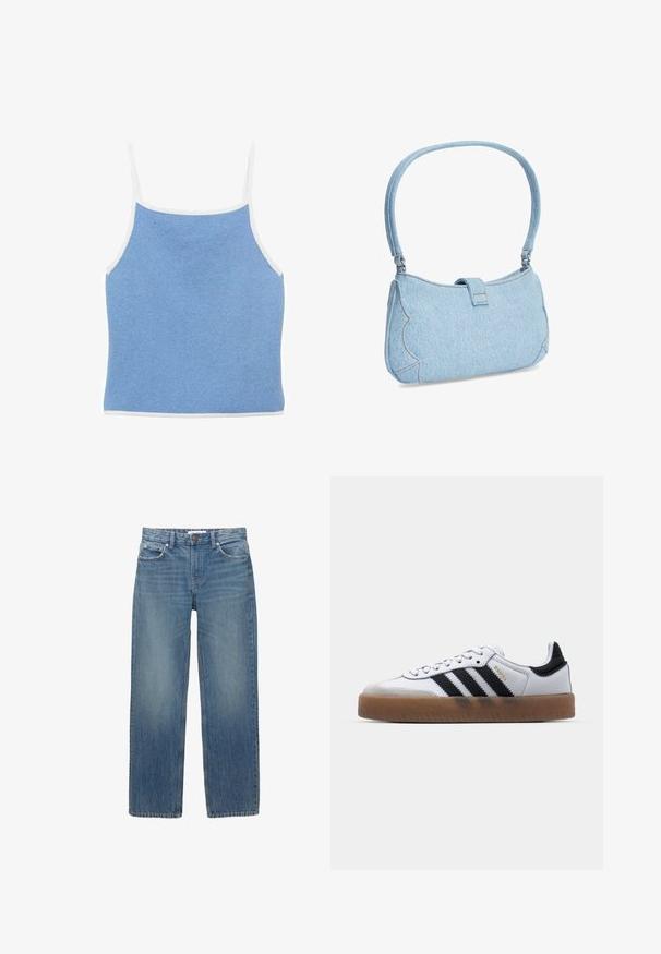 Lyseblå strikket tanktop med hvid kant, der har tynde skulderstropper og en tætsiddende design med en glat, tekstureret overflade.; Lysblå denimjeans med lige snit, fem lommer og hardware i kobberfarve. Stoffet har en let falmning og en glat tekstur.; Hvide lædersneakers med sorte striber, gummirubber sål, rund tå, snørelukning og blød grå ruskinds tåhætte.; Lille lyseblå denim skuldertaske med bølgede sidedetaljer og en enkelt strop, sikret med en flaplukning på toppen i midten.