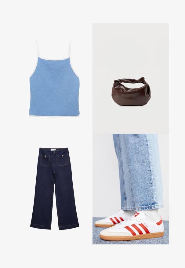Lyseblå strikket tanktop med hvid kant, der har tynde skulderstropper og en tætsiddende design med en glat, tekstureret overflade.; Mørkeblå vidde jeansbukser med høj talje, forlommer med metalknapper og synlige syninger.; Hvide lædersneakers med røde striber og accenter. Har en tekstureret gummisål og polstret krave. Bæres med lyseblå denim.; Mørkebrun læder skuldertaske med en blød, afslappet form og et snoet knudehåndtag på en ensartet hvid baggrund.