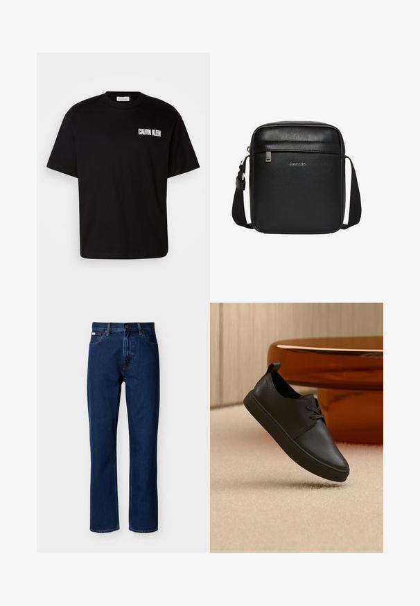 Musta puuvillapaita, jossa on pyöreä kaula-aukko, lyhyet hihat ja valkoinen "CALVIN KLEIN" -logo vasemmassa rintapielessä.; Tummansiniset suorat farkut denim-kankaasta, joissa on klassinen viiden taskun malli, hillitty kirjailu ja edessä nappikiinnitys.; Mustat nahkaiset rennot tennarit, joissa on nauhat, leijuvat beigen maton yllä, taustalla pyöreä meripihkanvärinen lasipöytä.; Musta Calvin Klein olkalaukku säädettävällä hihnalla, etutaskulla vetoketjulla ja hienovaraisella logolla tekstuuripintaisessa nahassa.