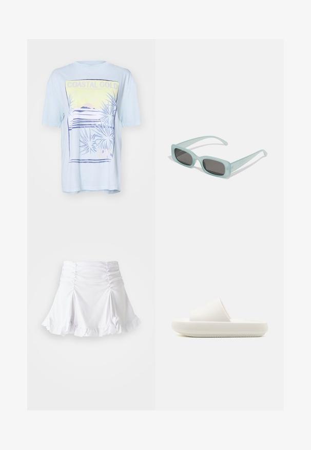 T-shirt bleu clair à manches courtes avec un imprimé graphique côtier représentant des feuilles de palmier, des montagnes et le texte 'COASTAL GOLD' en jaune et violet.; Jupe blanche en tissu texturé avec des détails froncés et un ourlet volanté. Présente un design évasé avec une taille ajustée.; Sandale blanche à semelle plate avec une sangle texturée et une semelle ronde et surélevée. Le matériau semble lisse et durable avec un motif subtil.; Une paire de lunettes de soleil rectangulaires avec des montures translucides bleu clair et des verres gris foncé, présentant des branches droites et des détails matériels minimaux.