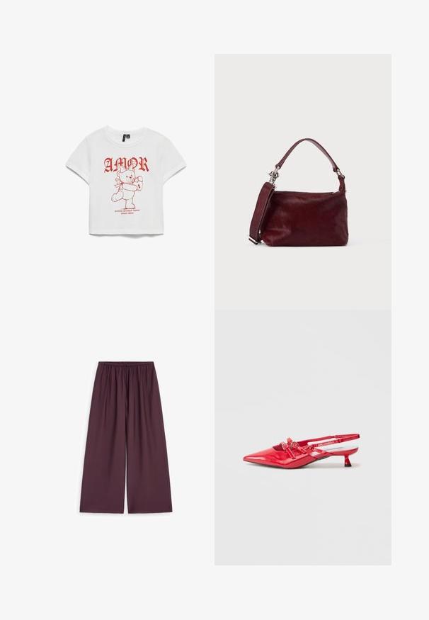 Witte T-shirt met korte mouwen featuring rode grafische tekst "AMOR" en een teddybeer die een slot vasthoudt. Gemaakt van katoen, met een losse pasvorm en cropped ontwerp.; Wijde broek met een losse pasvorm in donker pruim met een elastische tailleband en een strikdetail aan de voorkant, plat weergegeven op een witte achtergrond.; Rode lakleren slingback-hakken met een spits toelopende neus, voorzien van twee decoratieve riempjes met gespen en een lage kegelhak. Gladde structuur en glanzende afwerking.; Kleine rechthoekige bordeauxrode handtas met gestructureerde afwerking, korte handgreep en afneembare schouderriem op een effen lichte achtergrond.