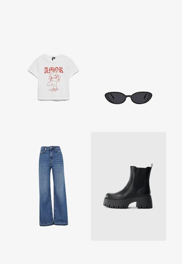 Witte T-shirt met korte mouwen featuring rode grafische tekst "AMOR" en een teddybeer die een slot vasthoudt. Gemaakt van katoen, met een losse pasvorm en cropped ontwerp.; Brede blauwe jeans van denim, met een hoge taille, klassieke vijf-pocket styling en een rechte zoom met minimale vervaging.; Zwarte leren enkelboot met dikke profielzool, elastische zijpanelen, treklus aan de hiel en forse verhoogde blokhak.; Zwarte kattenoog-zonnebril met donker getinte glazen en dunne monturen op een witte achtergrond.