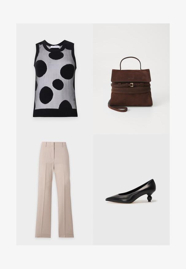Haut en tricot sans manches noir et gris avec de grands pois noirs sur un fond gris clair. Encolure et ourlet côtelés.; Pantalon beige à jambes droites avec passants de ceinture et pli devant, présenté à plat sur fond blanc.; Chaussure à talon haut en cuir noir avec un bout pointu et un talon arrondi. Texture lisse avec un design épuré et minimal.; Sac à main en suède marron au design structuré, avec anse supérieure et bandoulière amovible. Dispose d'une fermeture rabat et d'accents en métal doré.