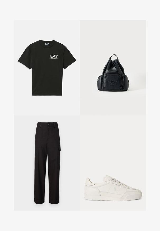 Čierne tričko s krátkym rukávom s bielym logom "EA7 Emporio Armani" na ľavej hrudi a zodpovedajúcou etiketou na krku.; Čierne bavlnené cargo nohavice so strihom rovného strihu, ktoré majú dve bočné vrecká a zvinuté manžety. Zapínanie na gombík a zips vpredu.; Biela nízka kožená teniska so šnúrkami, textúrovanou podrážkou a nenápadným logom na boku, zobrazená z boku na jednotnom pozadí.; Čierny kožený batoh so sťahovacou šnúrkou, s prednými a bočnými vreckami so zipsom, s vyrazeným logom "EA7 Emporio Armani" na prednom vrecku.