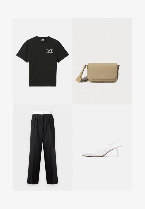Camiseta negra de manga corta con logo blanco "EA7 Emporio Armani" en el lado izquierdo del pecho y etiqueta de cuello a juego.; Pantalones negros plisados con una amplia cinturilla blanca, que presentan un corte recto y una textura lisa para un look estructurado.; Zapato femenino de cuero blanco con tira trasera, punta puntiaguda, tacón bajo tipo kitten y un pequeño lazo decorativo en la parte superior, mostrado en perfil lateral.; Bolso bandolera de cuero caqui con acabado texturizado, cierre con solapa, logotipo plateado y correa ajustable. Forma rectangular compacta.