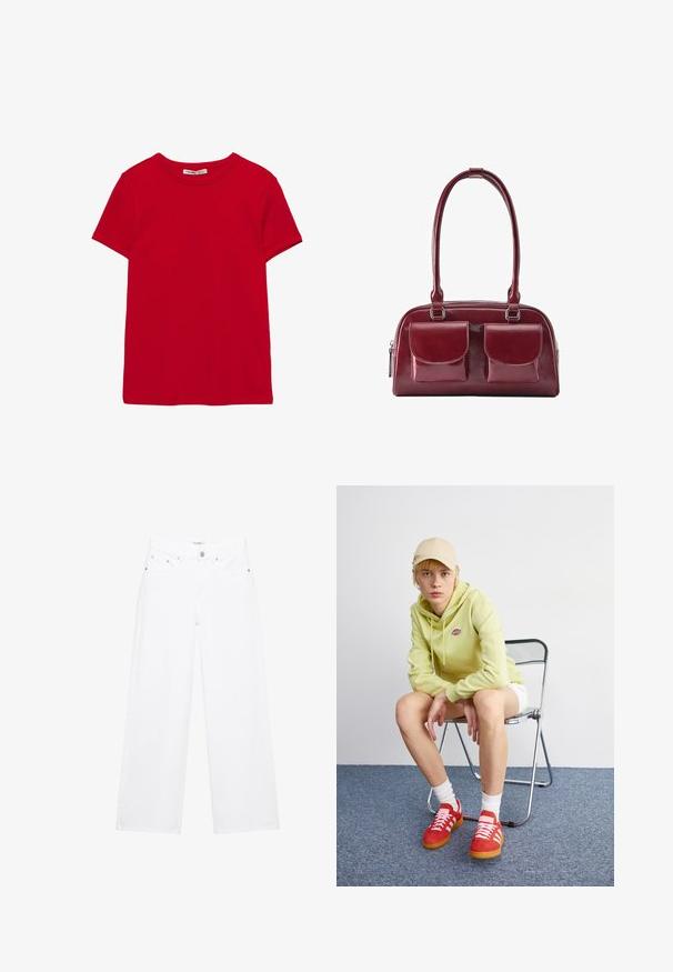 T-shirt rouge à manches courtes et col rond, design uni, étiquette au niveau du col, présenté à plat sur fond blanc.; Jean blanc à jambes larges avec poches avant, passants de ceinture, fermeture par boutons et coutures visibles, présenté sur un fond blanc uni.; Un sweat à capuche vert clair avec logo, un short blanc, des baskets rouges avec rayures blanches, assis sur une chaise pliante en chrome contre un fond neutre.; Sac à main en cuir rouge foncé avec deux poches avant à rabat et longues bandoulières, présenté sur fond blanc.