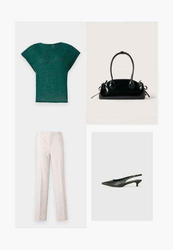 Chemise courte à manches courtes de couleur vert canard avec un col rond et une coupe décontractée. Tissu doux et léger avec une texture légèrement transparente.; Pantalons beige sur mesure avec une coupe droite, présentant une texture lisse, deux poches avant et sans détails matériels visibles.; Chaussure slingback noire à bout pointu en cuir lisse. Présente un talon fin et un détail de boucle sur la sangle réglable.; Petit sac à main noir brillant avec deux longues anses et des détails à cordon sur les côtés sur un fond clair uni.