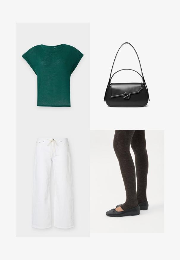 Chemise courte à manches courtes de couleur vert canard avec un col rond et une coupe décontractée. Tissu doux et léger avec une texture légèrement transparente.; Pantalon blanc à jambes larges avec poches avant et cordon beige à la taille, présenté sur un fond uni.; Jambes portant des leggings côtelés foncés associés à des ballerines noires avec de petits détails en nœud sur fond blanc.; Sac à bandoulière en cuir noir avec un rabat incurvé fermé par un fermoir métallique rond et une sangle fine et ajustable.