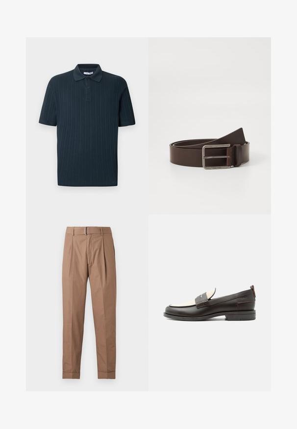 Polo de manga corta azul marino con textura acanalada, con cuello de solapa y tapeta de tres botones.; Pantalones beige de pierna recta con pliegues, trabillas para el cinturón, bajos con puños y un cinturón con hebilla metálica sobre un fondo blanco.; Mocasín para hombre de cuero marrón oscuro con panel de tela crema y detalle clásico de correa cosida, suela plana y asa en el talón.; Cinturón de cuero marrón con una hebilla rectangular de metal plateado, que presenta una textura suave y un diseño minimalista. La marca Calvin Klein es visible.