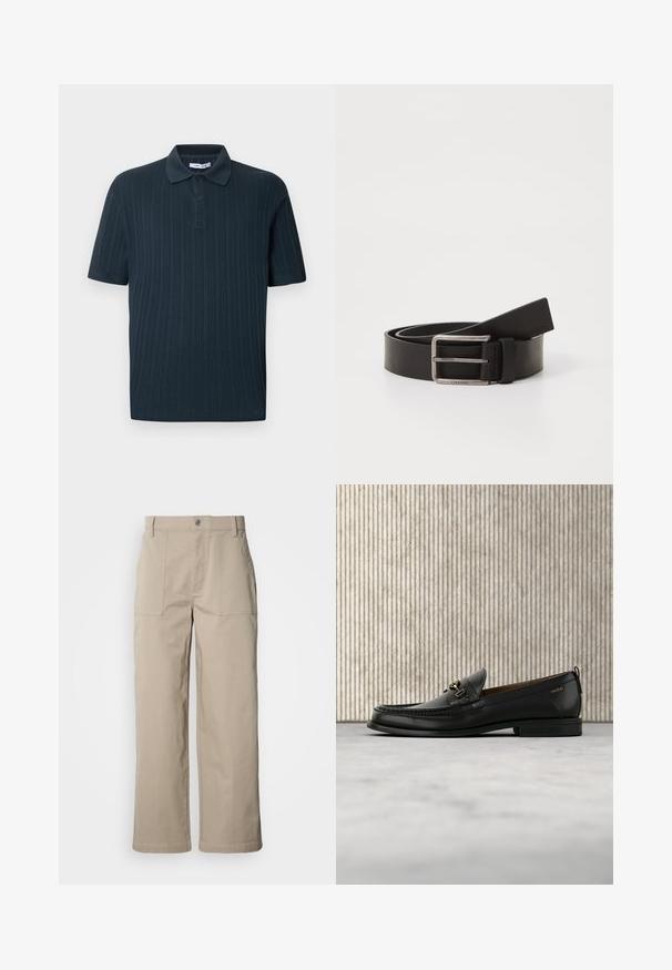 Polo de manga corta azul marino con textura acanalada, con cuello de solapa y tapeta de tres botones.; Pantalones beige de pierna ancha hechos de algodón; cuentan con bolsillos frontales de parche, cierre con botón y costuras visibles a lo largo de los dobladillos.; Mocasín de cuero negro con pieza metálica dorada y logotipo "HUGO", exhibido sobre una alfombra beige y muebles translúcidos marrones.; Cinturón de cuero negro con acabado mate, que presenta una hebilla metálica rectangular y una correa que muestra el logo de Calvin Klein.