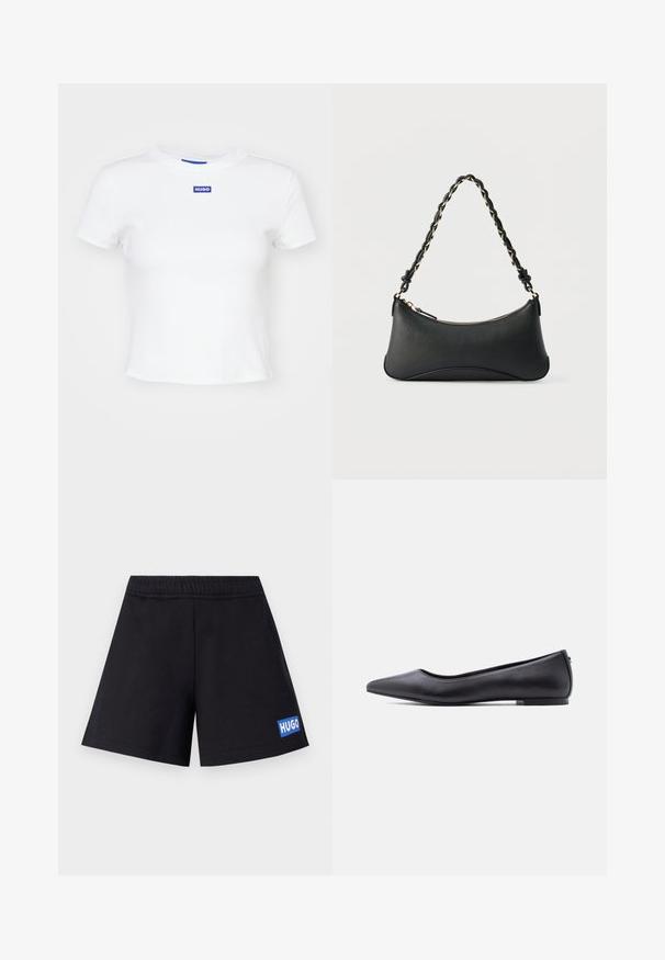 Witte katoenen t-shirt met korte mouwen, ronde halslijn en een blauwe rechthoekige logo patch met de tekst "HUGO" op het midden voor.; Zwarte shorts met een relaxte pasvorm, elastische tailleband en een blauwe "HUGO"-logo op de linkerdij; gemaakt van zacht, ademend materiaal.; Zwarte platte leren schoen met puntige neus en lage hak, zijaanzicht tegen een witte achtergrond.; Zwarte lederen schoudertas met een gebogen rechthoekige vorm, gouden ketting verweven in een gevlochten zwarte band, en een ritssluiting bovenop.