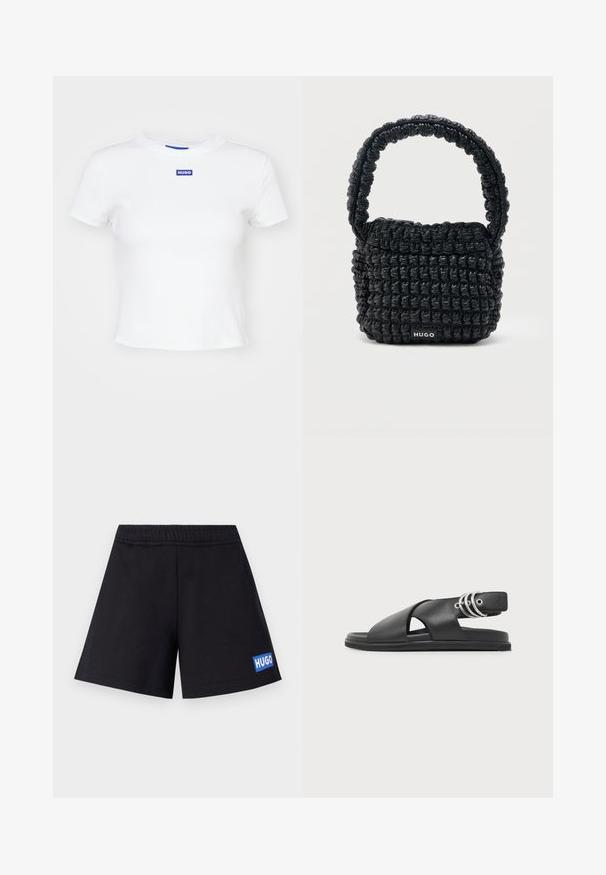 Camiseta de algodón blanca con mangas cortas, escote redondo y un parche rectangular azul con el logo "HUGO" en el centro delantero.; Pantalones cortos negros de corte relajado, con cintura elástica y logo azul "HUGO" en el muslo izquierdo; fabricados con material suave y transpirable.; Sandalia negra de cuero con amplias tiras cruzadas, suela plana y detalles de anillas metálicas en la correa del tobillo.; Bolso pequeño negro acolchado con asa corta acolchada y etiqueta "HUGO" en el frente, exhibido sobre un fondo claro y liso.