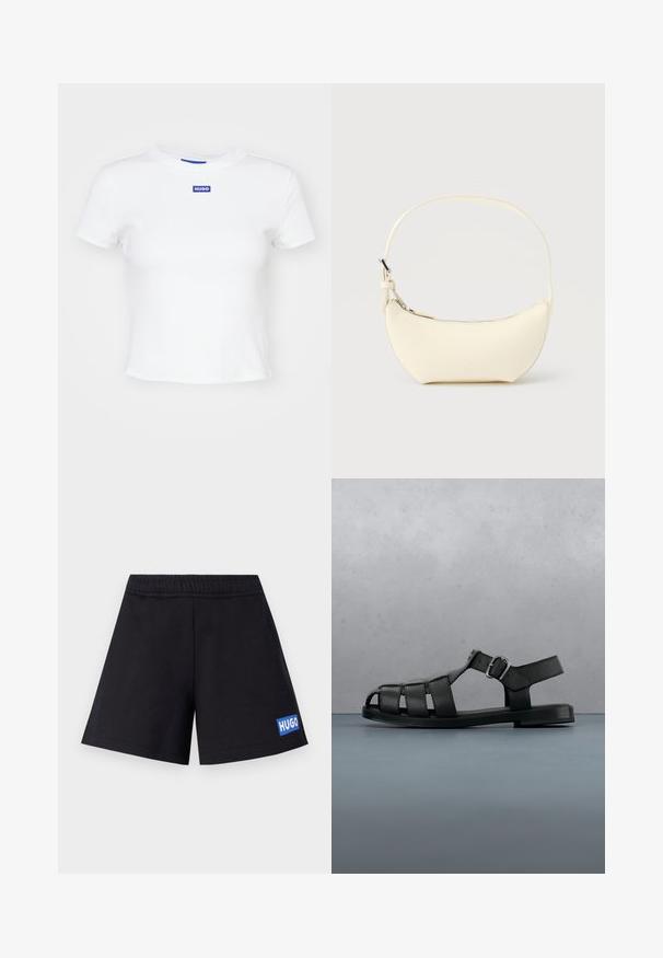 Camiseta de algodón blanca con mangas cortas, escote redondo y un parche rectangular azul con el logo "HUGO" en el centro delantero.; Pantalones cortos negros de corte relajado, con cintura elástica y logo azul "HUGO" en el muslo izquierdo; fabricados con material suave y transpirable.; Sandalia de cuero negro para hombre con tiras delanteras cerradas, hebilla lateral y suela plana, mostrada de perfil sobre fondo blanco.; Pequeño bolso de cuero crema en forma de media luna con una correa única y cierre superior de cremallera sobre un fondo liso.