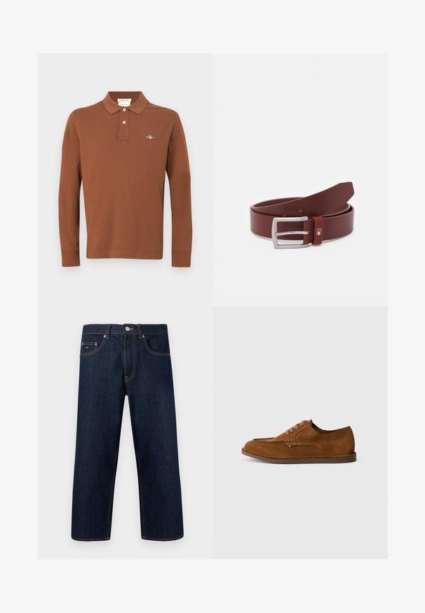 Polo marron à manches longues en coton avec une patte de boutonnage à trois boutons et un logo brodé sur la poitrine. Texture lisse.; Jean droit en denim bleu foncé avec cinq poches, coutures contrastantes orange, bouton argenté et petit logo sur la poche avant droite.; Chaussure en daim marron avec un bout arrondi, des coutures décoratives et six œillets de lacets contrastants. Semelle plate et design minimaliste.; Ceinture en cuir marron avec une boucle en métal argenté. Présente un design rectangulaire, une boucle en cuir avec un logo et plusieurs trous pour ajuster la taille.