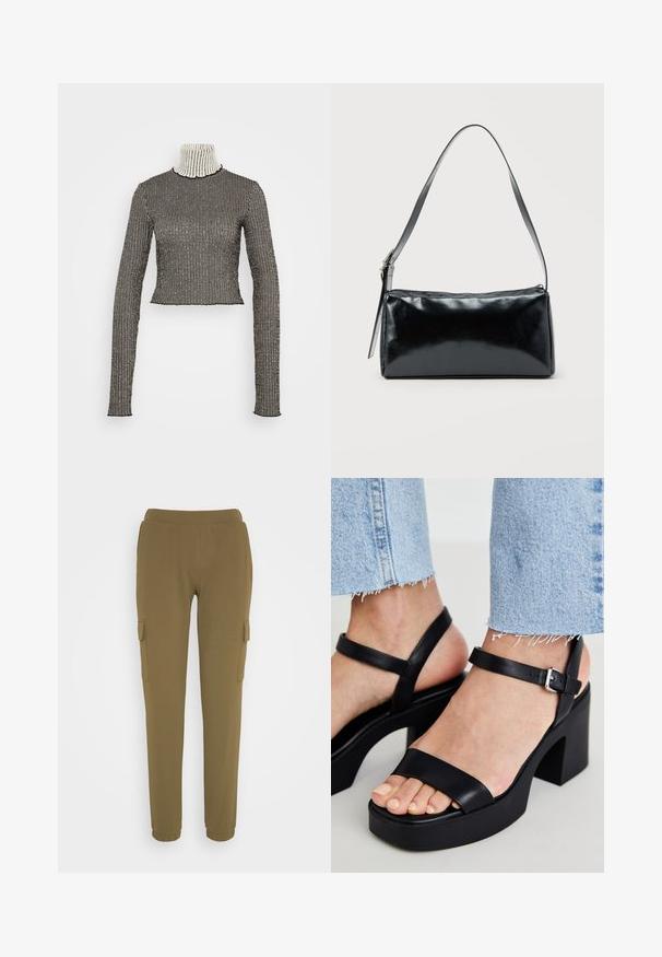 Haut à col roulé à rayures noires et blanches avec des manches longues, fabriqué en tissu côtelé ; présente une longueur cropped et un motif texturé subtil.; JDY JDYMEKKO POCKET PANT - Pantalon cargo - kalamata; ALDO CELIE - Sandales à talons hauts - black; Sac d'épaule rectangulaire noir avec une sangle réglable unique et une fermeture éclair supérieure sur un fond uni.