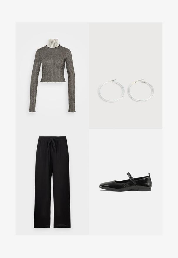 Haut à col roulé à rayures noires et blanches avec des manches longues, fabriqué en tissu côtelé ; présente une longueur cropped et un motif texturé subtil.; Pantalon noir ample avec taille élastique et lien à l'avant, coupe droite, présenté sur un fond uni.; Chaussure plate en cuir verni noir avec un bout pointu, une sangle de cheville avec boucles, et une texture lisse et brillante. Talon bas pour le confort.; Paire de boucles d'oreilles créoles argentées brillantes avec fermoirs en fil fin, présentée sur un fond gris clair.