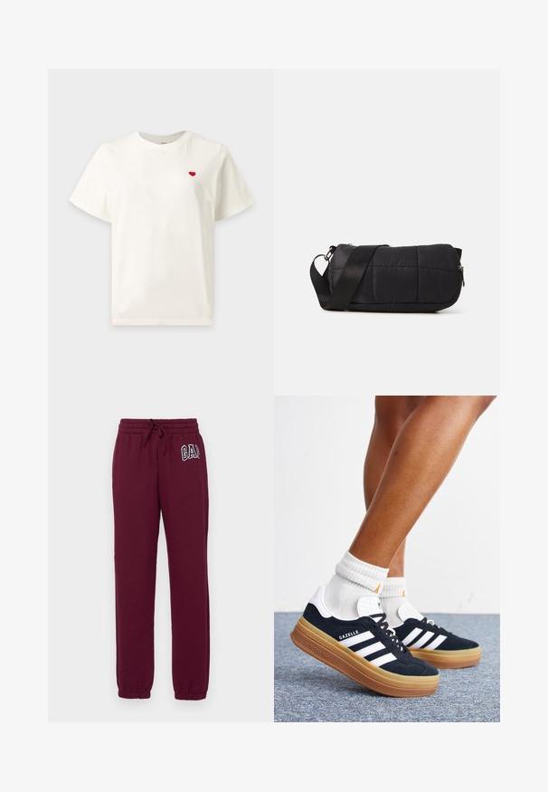 T-shirt blanc uni à manches courtes avec un petit cœur rouge brodé sur la poitrine gauche.; Gap Tall HERITAGE - Pantalon de survêtement - ruby wine; Jambes portant des chaussettes blanches et des baskets Adidas Gazelle noires avec des bandes blanches et des semelles épaisses marron sur un sol recouvert de moquette grise.; Sac noir matelassé de forme cylindrique, fabriqué en matériau doux. Il dispose d'une bandoulière noire et de quincaillerie en argent. Fermeture zippée.