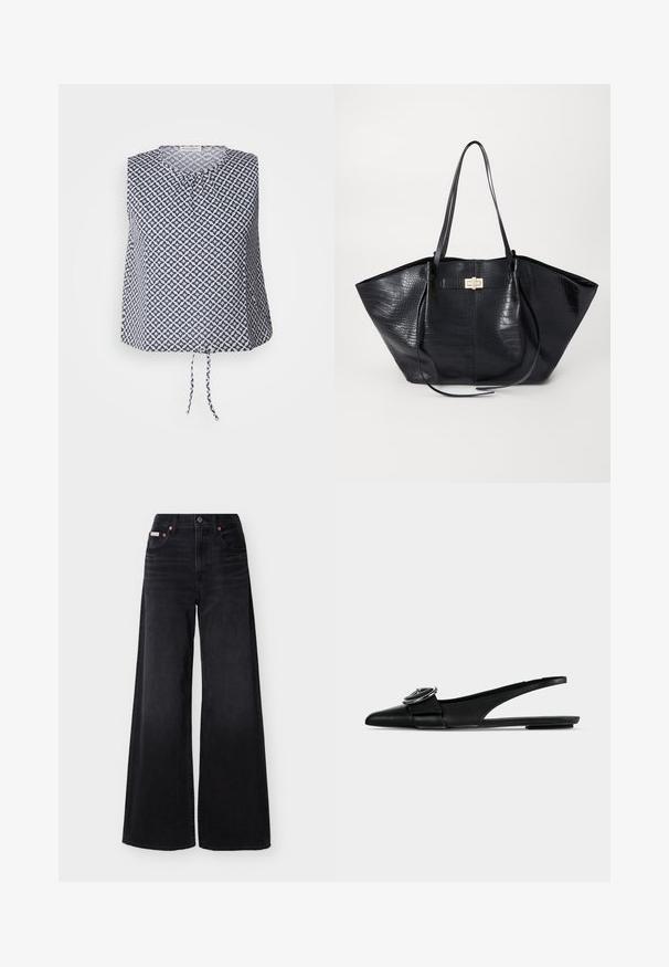 Ärmløs top i marineblå og hvid, med et geometrisk stjernemønster, rund halsudskæring og en bånddetalje i kanten. Blødt, let materiale.; Sorte jeans med vide ben, høj talje, forreste knap og lynlås, bæltestropper og femlommedesign.; Sort læder spids tå slingback flad med en bred rem og rund metal spænde detalje på toppen.; Sort tote taske med krokodillemønster, glat tekstur, dobbelte skulderremme og en central detalje i guldfarvet metal.