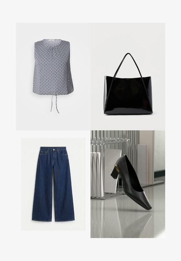 Ärmløs top i marineblå og hvid, med et geometrisk stjernemønster, rund halsudskæring og en bånddetalje i kanten. Blødt, let materiale.; Mørkeblå vidde ben denimjeans med forreste knap og lynlås, bæltestropper og fem-lomme design på en ensfarvet lys baggrund.; Sort læder lavhælet damesko med gyldent accent nær hælen, placeret foran en trådhylde med stående bøger på en reflekterende overflade.; Sort skuldertaske i laklæder med en struktureret form, der har lange, buede håndtag og et minimalistisk design. Ingen synligt metaludstyr eller mønstre.