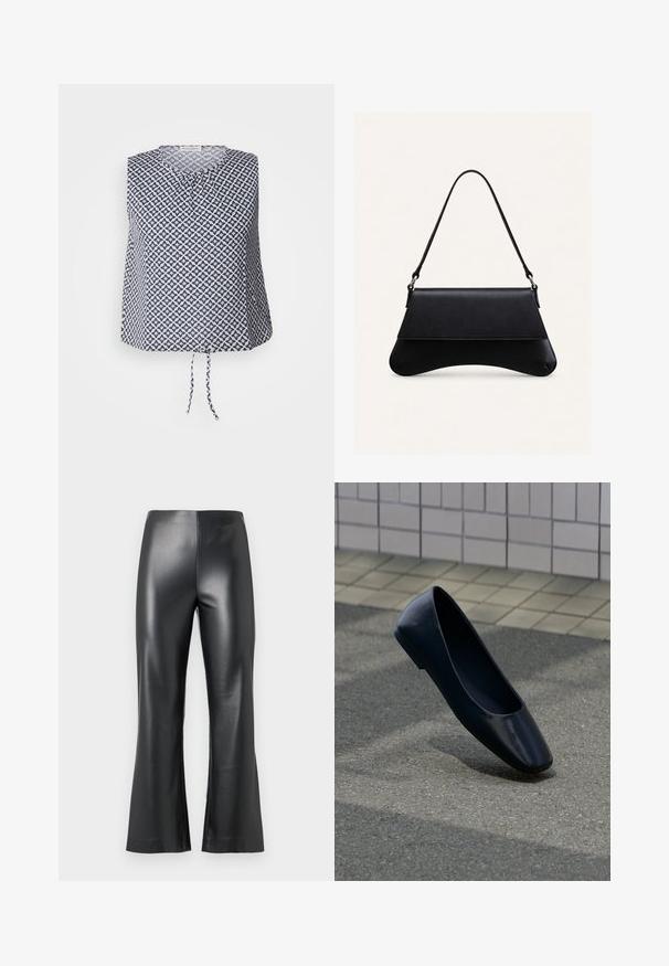 Ärmløs top i marineblå og hvid, med et geometrisk stjernemønster, rund halsudskæring og en bånddetalje i kanten. Blødt, let materiale.; Sorte faux læderbukser med en flagrende ben design, der har en glat, blank overflade og en høj talje. Enkel og stilren fremtoning.; Sort læder flad sko, stående opret på en asfaltbelægning nær en flisebelagt fortovskant.; Sort læderhåndtaske med en buet bund, klaplukning og en enkelt tynd skulderrem mod en ensartet lys baggrund.