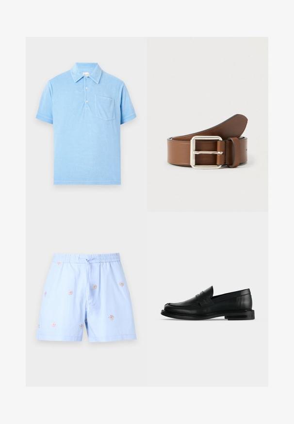 Polo bleu clair à manches courtes avec col, trois boutons et une poche poitrine, présenté sur un fond neutre.; Short bleu clair avec une taille élastique et un cordon, décoré de petites broderies florales éparpillées.; Mocassin penny pour homme en cuir noir avec talon bas empilé et bout arrondi, vu de profil sur fond gris clair.; Ceinture en cuir marron avec une boucle rectangulaire argentée, présentant une texture lisse et une extrémité légèrement effilée.
